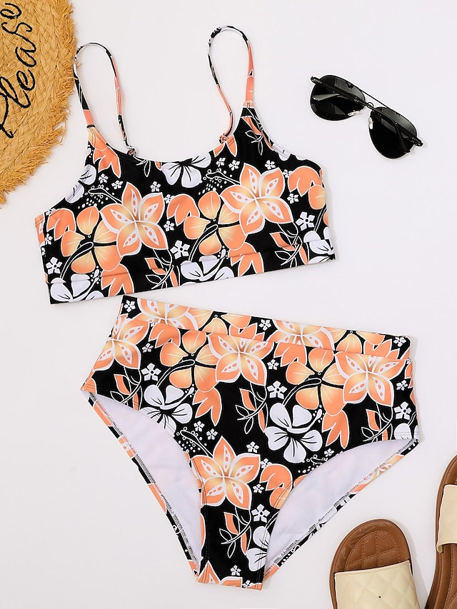 flowersverse Women's Swimwear Bikini Normal Swimsuit 2 Piece Printing Floral Red Blue Orange Bandeau Bathing Suits Sports Summer