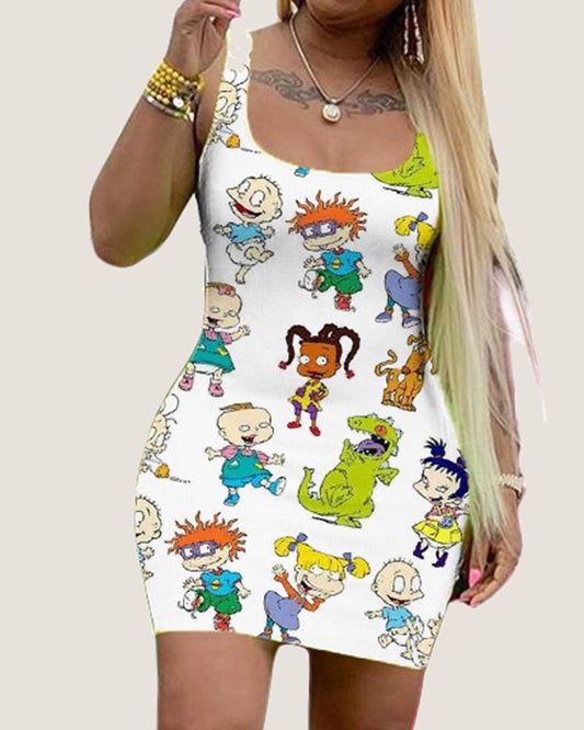 flowersverse Cartoon Print Square Neck Bodycon Dress