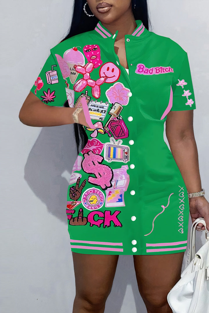 flowersverse Stripe Letter & Dollar Print Button Down Mini Dress