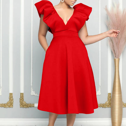 flowersverse Women's Deep V Neck Sexy Swing Formal Party Dress