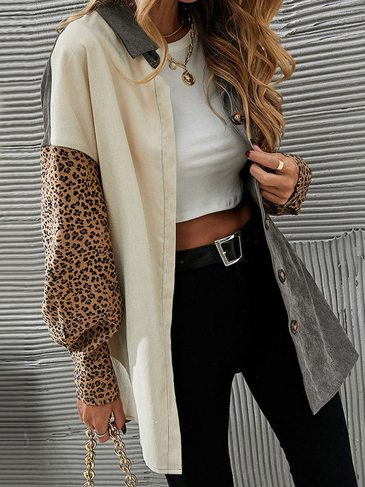 flowersverse Buttoned Leopard Pockets Split-Joint Long Sleeves Loose Lapel Outerwear Jackets