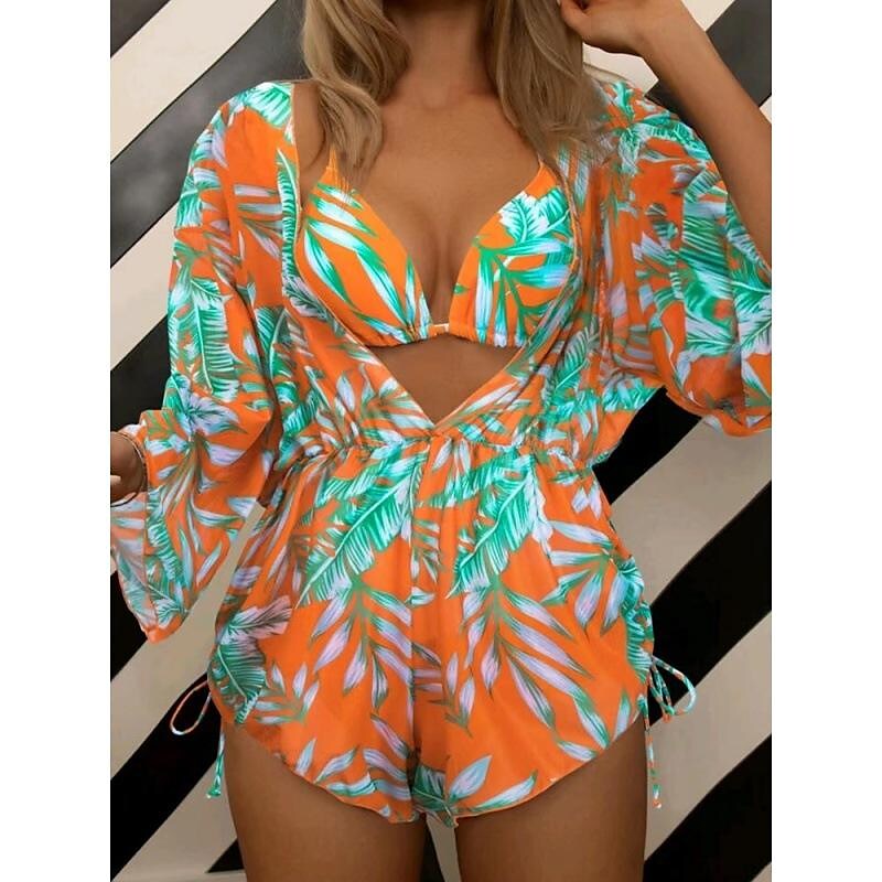 flowersverse Women's Swimwear Bikini Normal Swimsuit 3-Piece Printing Leaf Geometic Black Orange Green Bathing Suits Sports Beach Wear Summer