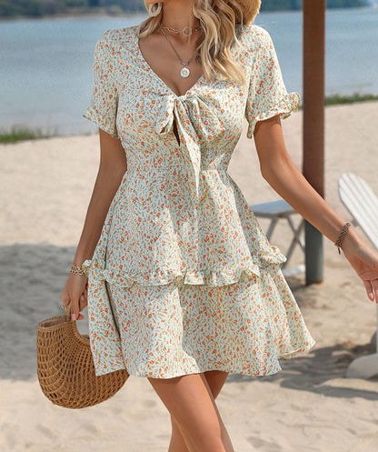 flowersverse Floral Tie Front V-Neck Mini Dress