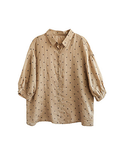 flowersverse Polka-Dot Half Sleeves Loose Lapel Blouses&shirts Tops