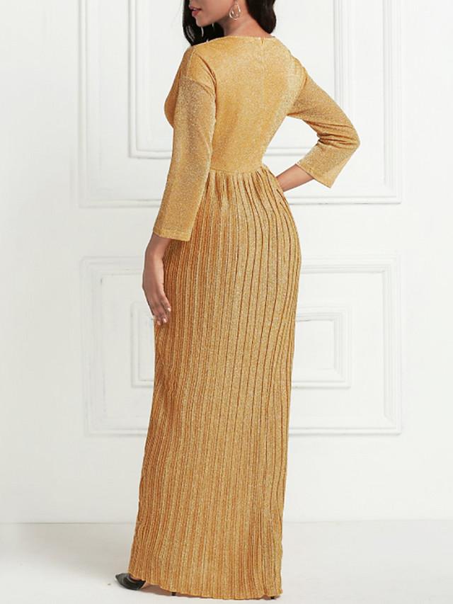 flowersverse Women's Maxi Long Dress Gold 3/4 Length Sleeve Pleated Summer V Neck Hot Formal
