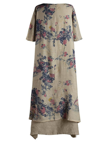 flowersverse Women's Chiffon Dress Maxi Long Dress - Short Sleeve Color Block Print Plus Size Cotton Loose Blue Green Gray M