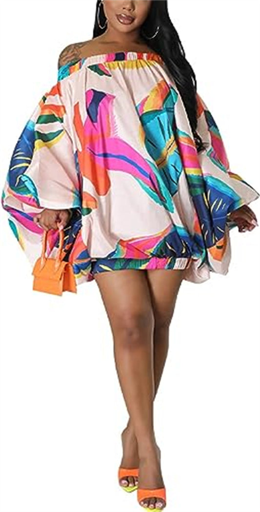 flowersverse Off Shoulder Bat Sleeves Floral Printed Dress