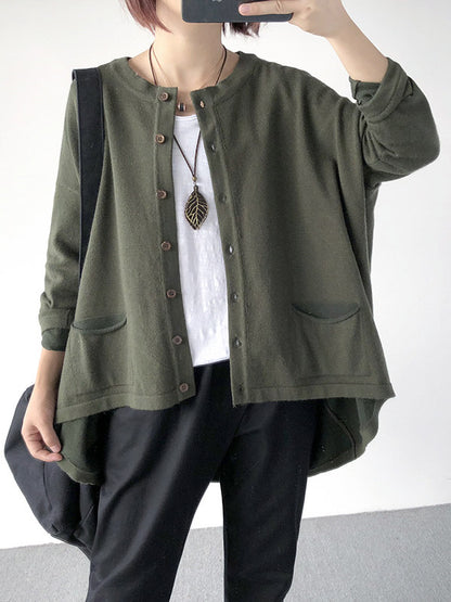 flowersverse Casual Loose Buttoned 8 Colors High-Low Round-Neck Long Sleeves Cardigan Tops