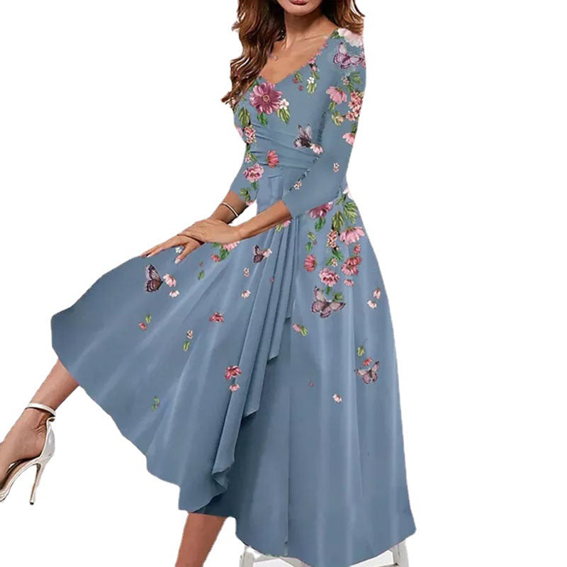 flowersverse Women's Sexy V-neck Loose Floral Print Mid-length Dresses