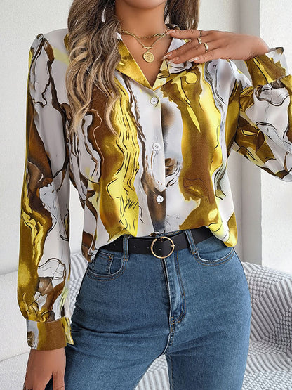 flowersverse Buttoned Printed Long Sleeves Loose Notched Collar Blouses&Shirts Tops