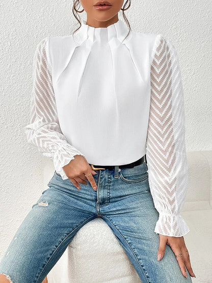 flowersverse Elasticity Mesh Pleated Solid Color Long Sleeves Loose Mock Neck Blouses&Shirts Tops