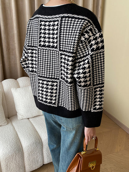 flowersverse Long Sleeves Loose Contrast Color Houndstooth Split-Joint Round-Neck Cardigan Tops