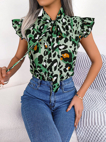 flowersverse Leopard Cap Sleeve Loose Statement Collar Vest Top