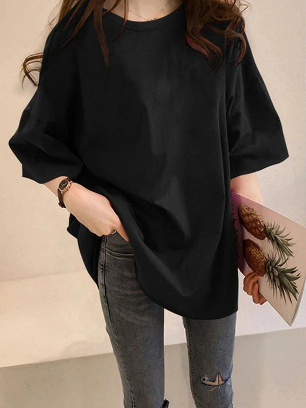 flowersverse Casual Loose Puff Sleeve Round-Neck T-Shirts Tops