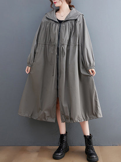 flowersverse Casual Loose Solid Color Zipper Drawstring Long Sleeves Hooded Trench Coat