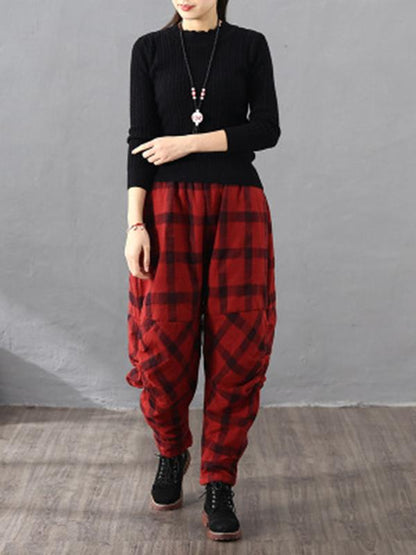 flowersverse Vintage Plaid Thickening Pleated Harem Pants