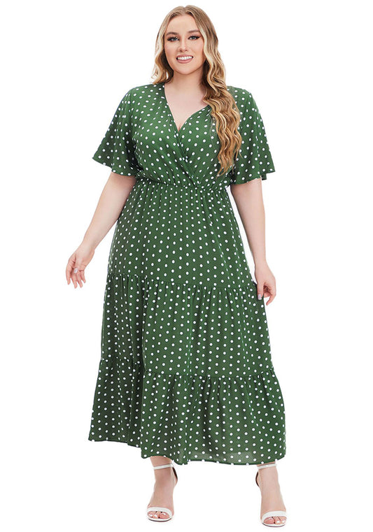 flowersverse Summer Plus Size Women's V Neck Polka Dot Short Sleeve Dress