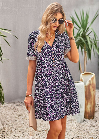 flowersverse Floral Buttoned Puff Sleeve Dress