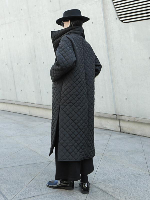 flowersverse Black Rhombic Split-Side High Collar Long Coat