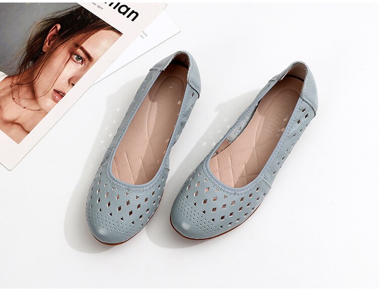 flowersverse Spring Genuine Leather Flat Summer Shoes Women  Casual Hollow Breathable Soft Bottom Ladies Flats Plus Size 35-43