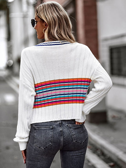 flowersverse Casual Long Sleeves Striped V-Neck Sweater Tops