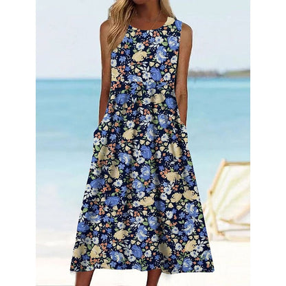 flowersverse Women's Casual Dress Tank Dress Floral Dress Floral Pocket Print Crew Neck Midi Dress Fashion Modern Daily Holiday Sleeveless Regular Fit Blue Summer Spring S M L XL XXL