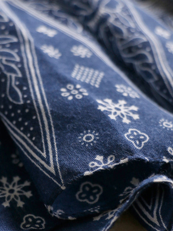 flowersverse Printed Blue-And-White Sun-protection Tasseled Shawl&Scarf