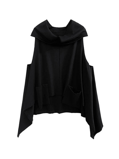 flowersverse High-Low Irregular Clipping Hooded Solid Color Heaps Collar Vest Top