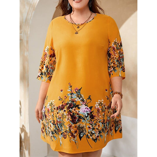 flowersverse Women's Plus Size Casual Dress Shift Dress Floral Mini Dress 3/4 Length Sleeve Print Crew Neck Fashion Outdoor Yellow Spring Summer L XL XXL 3XL 4XL