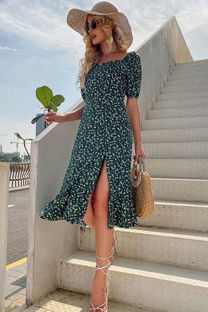 flowersverse Chic Floral Print Square Neck Slit Dress