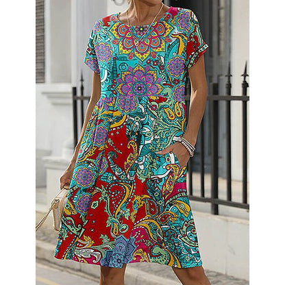 flowersverse Women's Casual Dress Ethnic Dress Summer Dress Floral Tribal Pocket Print Crew Neck Midi Dress Fashion Ethnic Outdoor Daily Short Sleeve Loose Fit Green Spring Summer S M L XL XXL