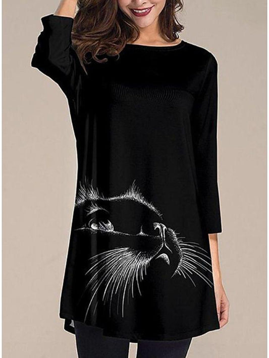 flowersverse Women's T Shirt Dress Tee Dress Knee Length Dress - Short Sleeve Animal Summer Fall Casual Linen Black Dresses