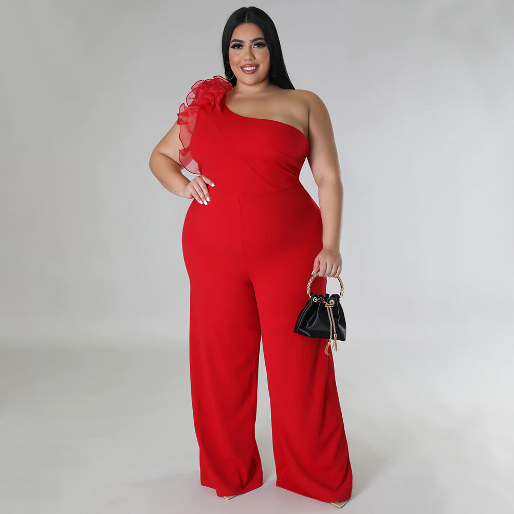 flowersverse Plus Size Ladies One Shoulder Mesh Wide Leg Pants