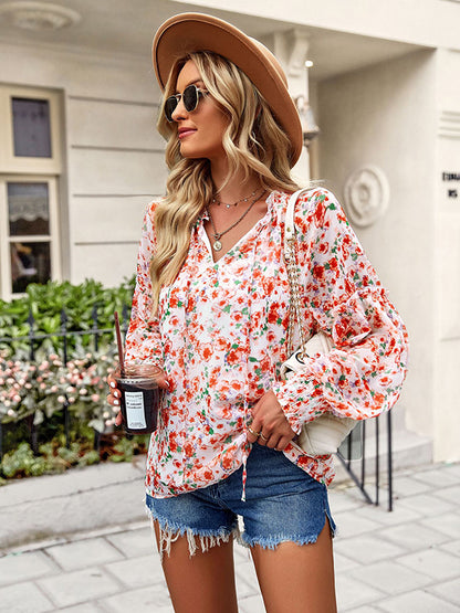 flowersverse Casual Loose Floral Printed V-Neck T-Shirt