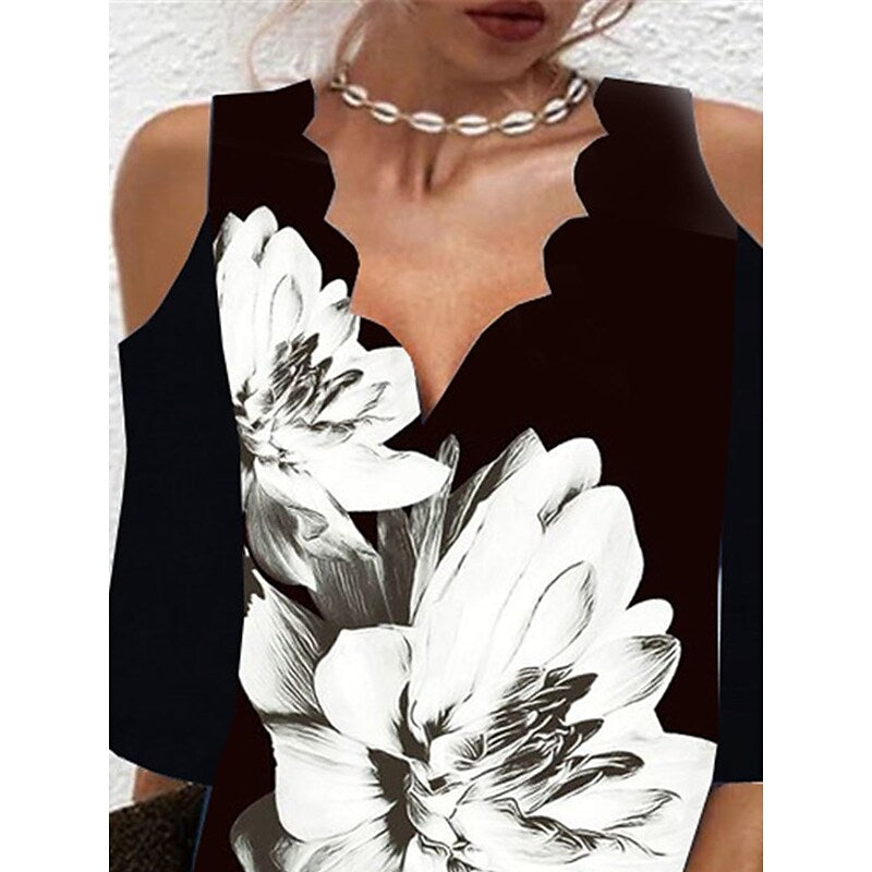 flowersverse Women's Casual Dress Shift Dress Print Dress Floral Cut Out Print Scalloped Neck Mini Dress Active Fashion Outdoor Daily Half Sleeve Regular Fit Black Spring Summer S M L XL XXL