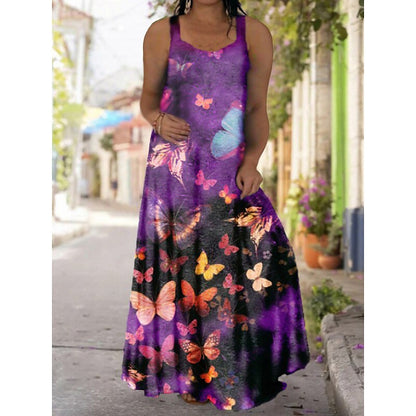 flowersverse Women's Plus Size Casual Dress Slip Dress Floral Butterfly Long Dress Maxi Dress Sleeveless Backless Print Strap Fashion Daily Black Light Green Spring Summer L XL XXL 3XL 4XL