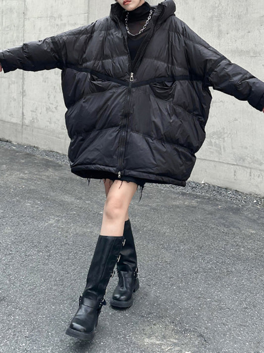 flowersverse Pockets Split-Joint Batwing Sleeves Loose Hooded Padded Coat