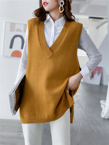 flowersverse Trendy Sleeveless Split-Side Solid Color V-Neck Knitted Vest