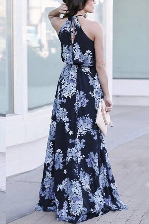 flowersverse Floral Print Slit Sleeveless Maxi Dress