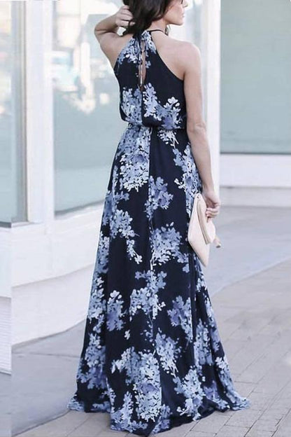 flowersverse Floral Print Slit Sleeveless Maxi Dress