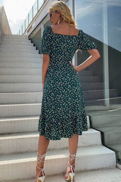 flowersverse Chic Floral Print Square Neck Slit Dress