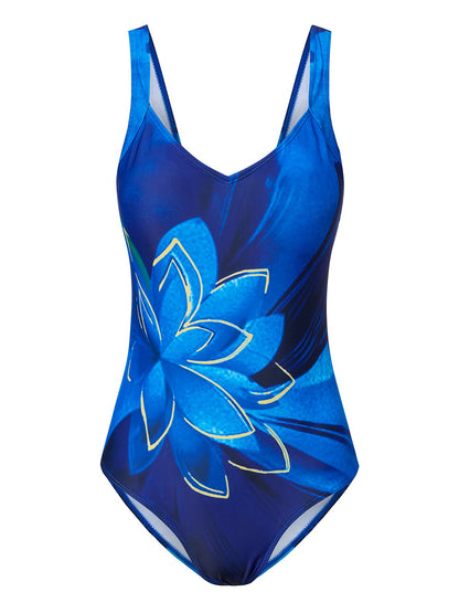 flowersverse Casual Abstract Printing V neck One-Piece Swimsuit