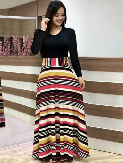 flowersverse Women's Casual Dress Sheath Dress Long Dress Maxi Dress Black And White Color bar Dots Long Sleeve Floral Print Winter Fall Spring Crew Neck Winter Dress Daily Fall Dress Slim S M L XL XXL XXXL 4XL