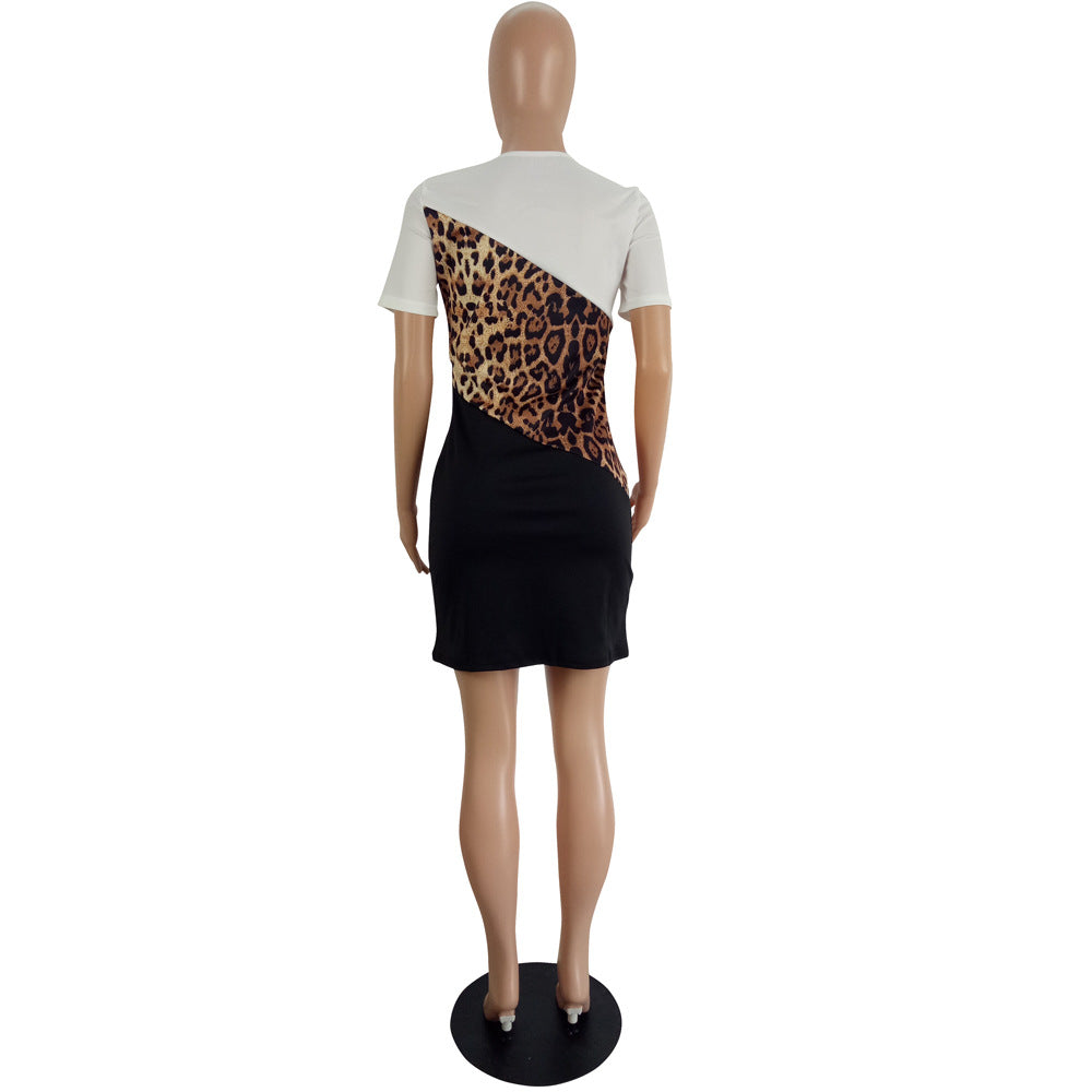 flowersverse Womens Casual Style Leopard Color Block Patchwork Dress