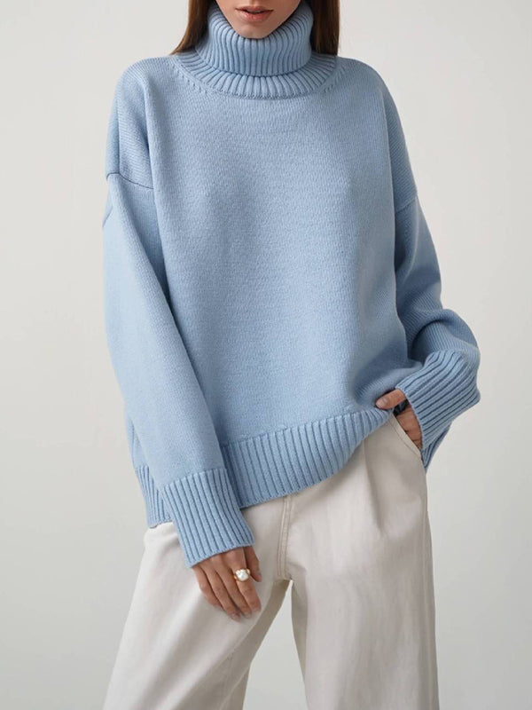 flowersverse Solid Color Long Sleeves Loose High Neck Sweater Tops Pullovers Knitwear