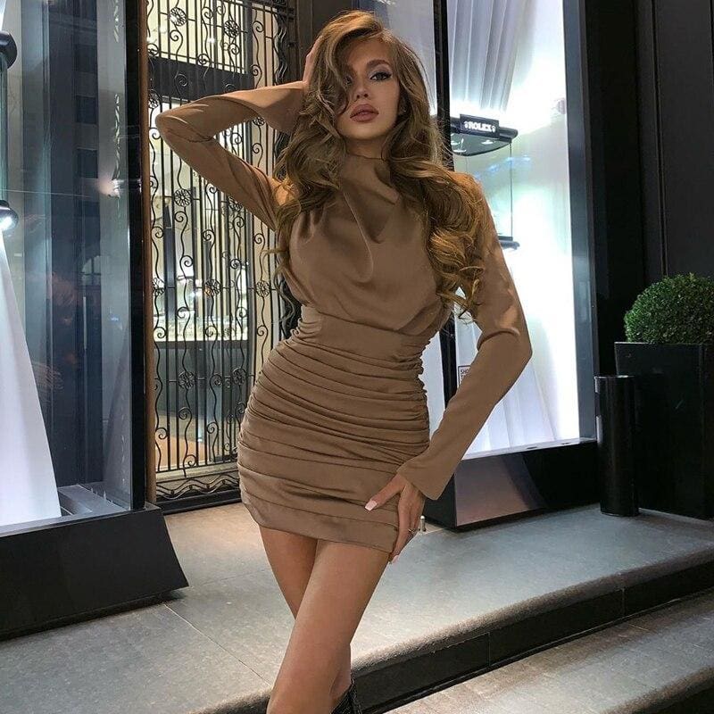 flowersverse Women Autumn Bodycon Long Sleeve Dress Fashion Elegant Ladies Evening Party Casual Slim Fit Mini Pleated Dress