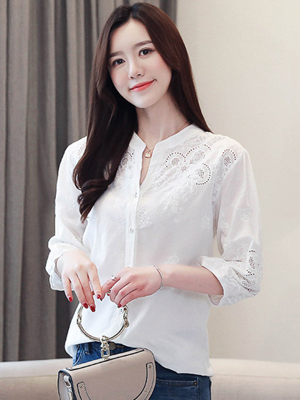 flowersverse Vintage Half Sleeves Hollow Embroidered White Blouse