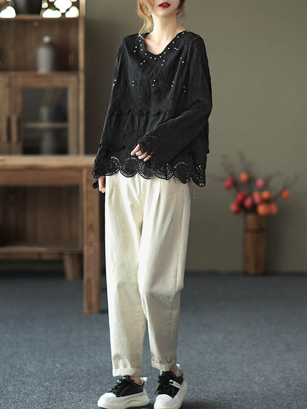 flowersverse Black&Coffee Lacy Hollow V-Neck Long Sleeve Shirts