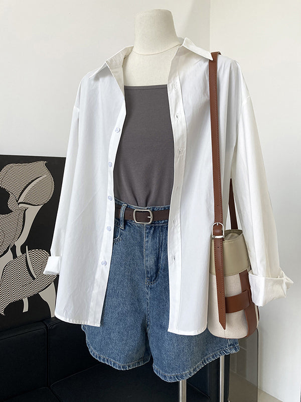 flowersverse Simple Loose Long Sleeves Buttoned Solid Color Lapel Collar Blouses&Shirts Tops