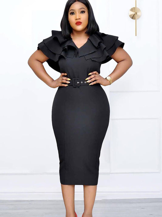 flowersverse Flutter Sleeve Ruffle Split Bodycon Midi Dresses